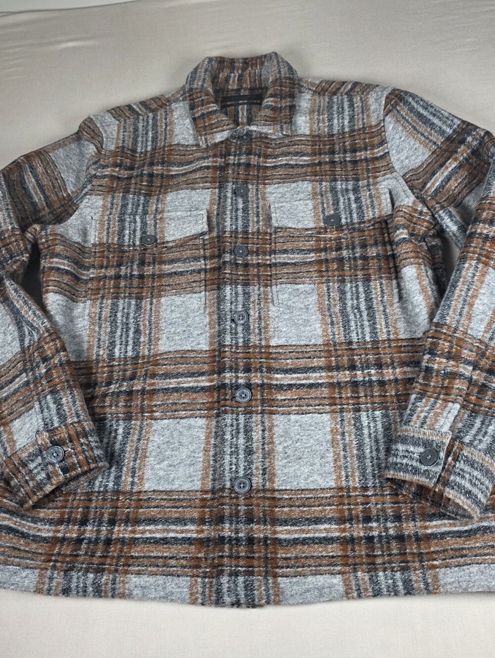 Men's  AllSaints Skomo Plaid Button-Up Shacket in Gray and Brown SIZE XL